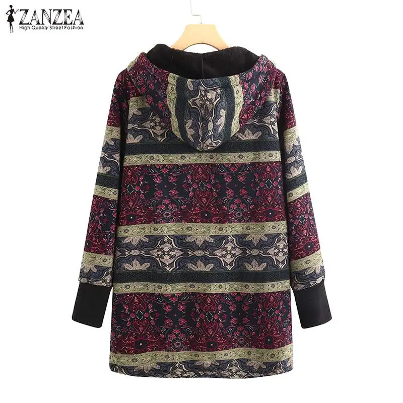 ZANZEA Women Hooded Ethnic Floral Print Coats Winter Long Sleeve Fleece Jackets Vintage Hoodies Warm Outwear Casual Loose Coat
