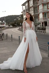 RODDRSYA Sparkle Tulle Wedding Dresses for Women V-Neck Backless Long Sleeve Bridal Gowns With High Split  Vestido De Noiva