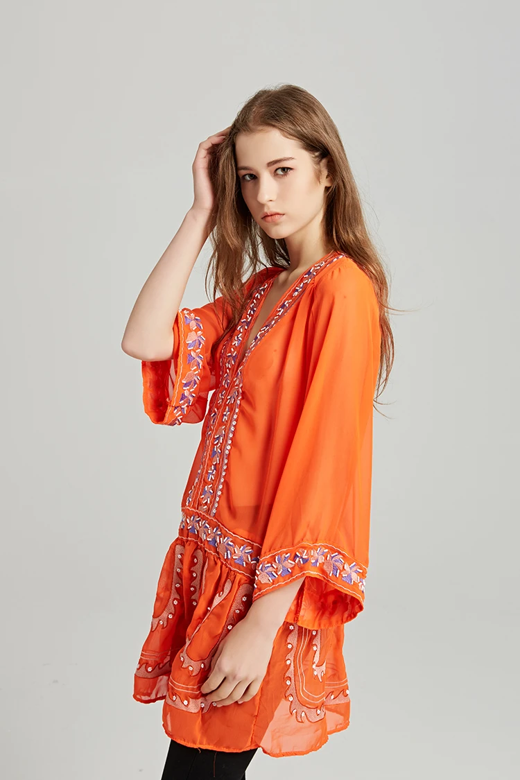 Boho летняя длинная рубашка с v-образным вырезом, Расклешенным рукавом, вышивкой, перспективным бисером, винтажная Повседневная рубашка, пляжные женские рубашки, Топ оранжевый