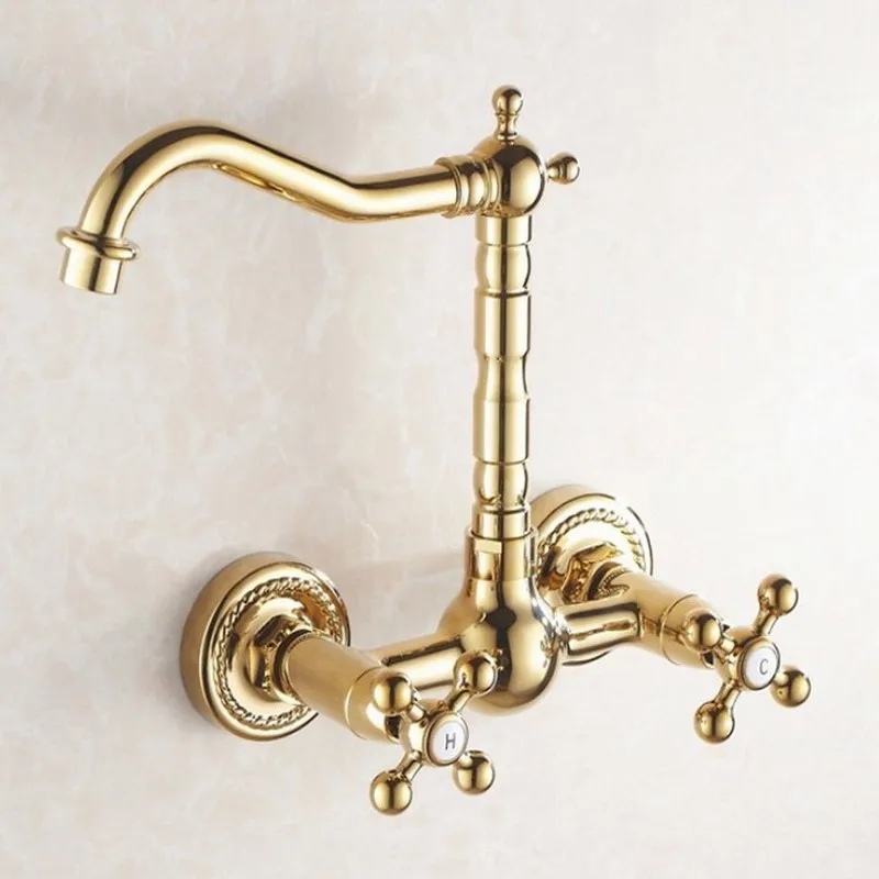 

Golden Brass Wall Mounted Swivel Spout Kitchen & Bathroom Bath Tub Faucet Hot Cold Mixer Taps Two Cross Handles agf018