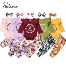 Коллекция года, весенне-осенняя одежда для малышей 3 предмета, Цветочный наряд для новорожденных девочек комбинезон с длинными рукавами, топ+ штаны+ повязка на голову