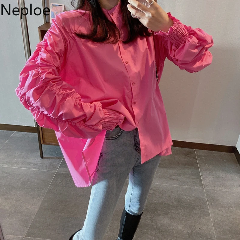 Neploe, винтажный плиссированный топ с длинным рукавом, блузки, однобортная Повседневная рубашка с воротником-стойкой,, весенние корейские нестандартные блузки 56943