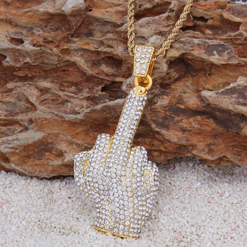 

HipHop Bling Trendy Alloy Full Crystal Uncivilized Gesture Small Middle Finger Pendant Necklace Men Personality Jewelry Necklace