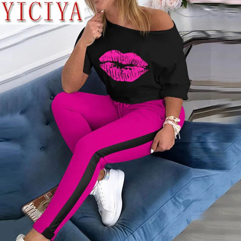 

Two Piece Set Women Boat Anchor Print 2 Pieces Set Tracksuit Lady Spring sexy off shoulder Tops And Elastic Waist Long Pants Set