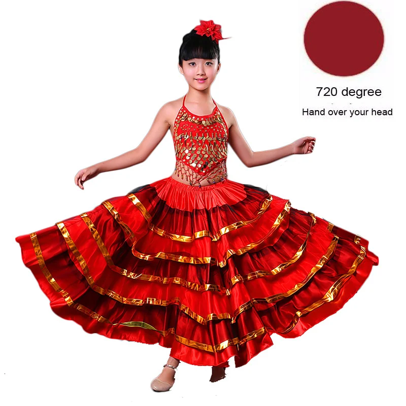Высококачественная атласная, мягкая, красная, черная, испанское фламенко-юбка для девочек-подростков Полосатое блестящее платье для Бальных и сценических танцев - Цвет: Color2720degree