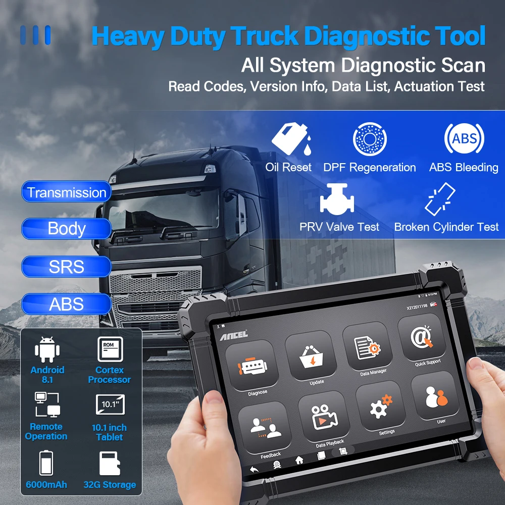 ANCEL X7 HD Heavy Duty Truck Diagnostic Tool TPMS D-P-F Regen ABS SAS ECU Oil Reset Full System OBD2 Truck Scanner 24V/12V Cars