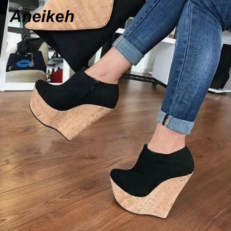 

Aneikeh NEW spring autumn Fashion Wedges Boots Shoes Woman Round head Chunky Square Heels Riding, Equestrian Knight Ankle Boots