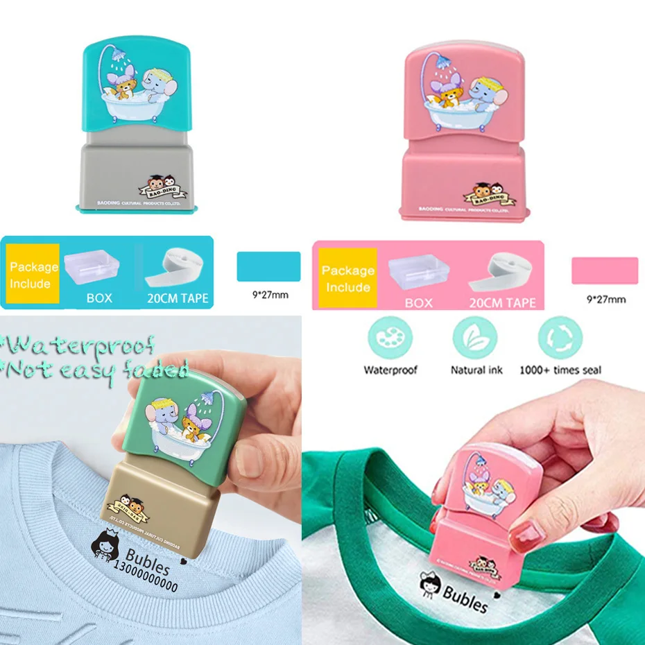 Sello personalizado de dibujos animados para bebé, marcador de ropa impermeable, sello de campamento, sello textil de tela, sello de tela, etiqueta de ropa