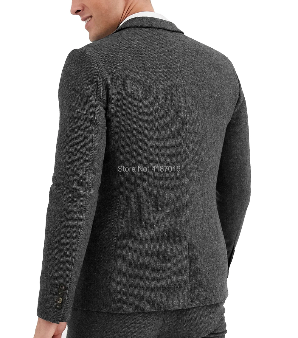 Mens Suit Black 3 Piece Suit Hight Quality Wool Tweed Wedding Groomsmen Shawl Lapel Tuxedos Slim Fit Blazer+Pants+vest