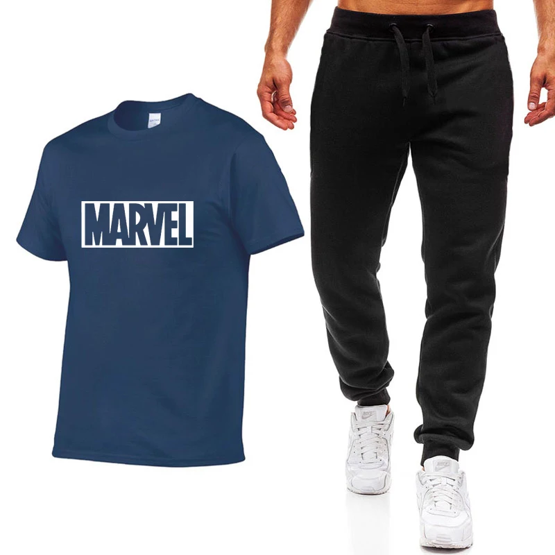 Новая модная летняя футболка с принтом Marvel, мужская повседневная хлопковая футболка в стиле хип-хоп с коротким рукавом высокого качества+ штаны, костюм, одежда
