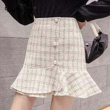 Young Gee элегантные женские шерстяные мини юбки с оборками Русалка твид плед жемчуг пуговицы женские Осень Зима тонкая офисная юбка