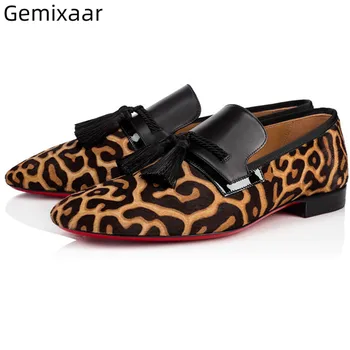 

Round Toe Decor Tassel Men Shoes Fashion Leopart Pattern Party Male Footwear Slip On Flat Heel Loafers 2019 Autumn Man Shoes