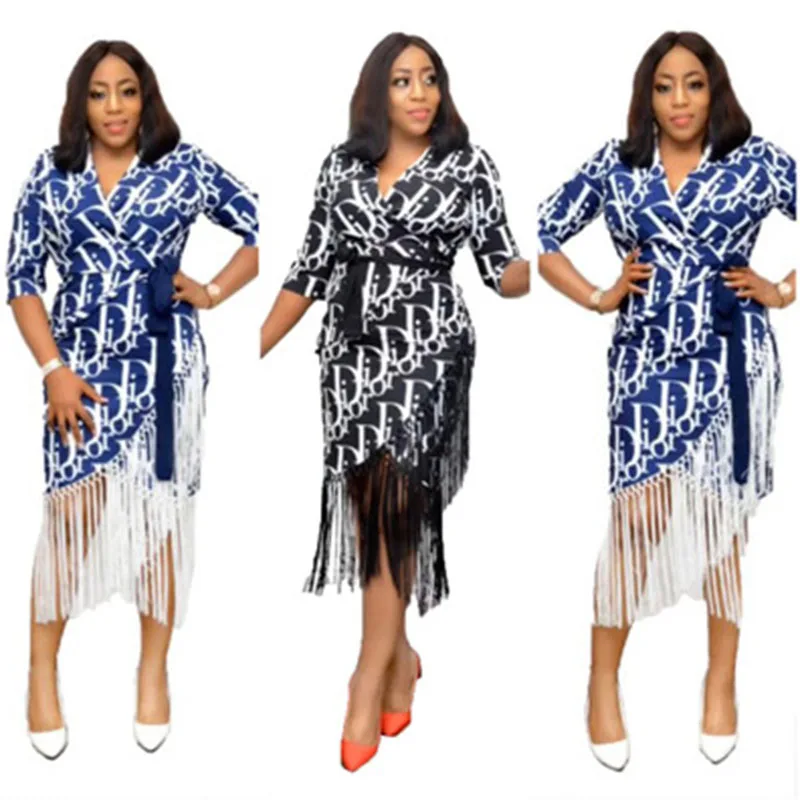 

Elegant summer dress ladies 2020 new printed letter tassel stitching plus size dress African office ladies Vestiods dress