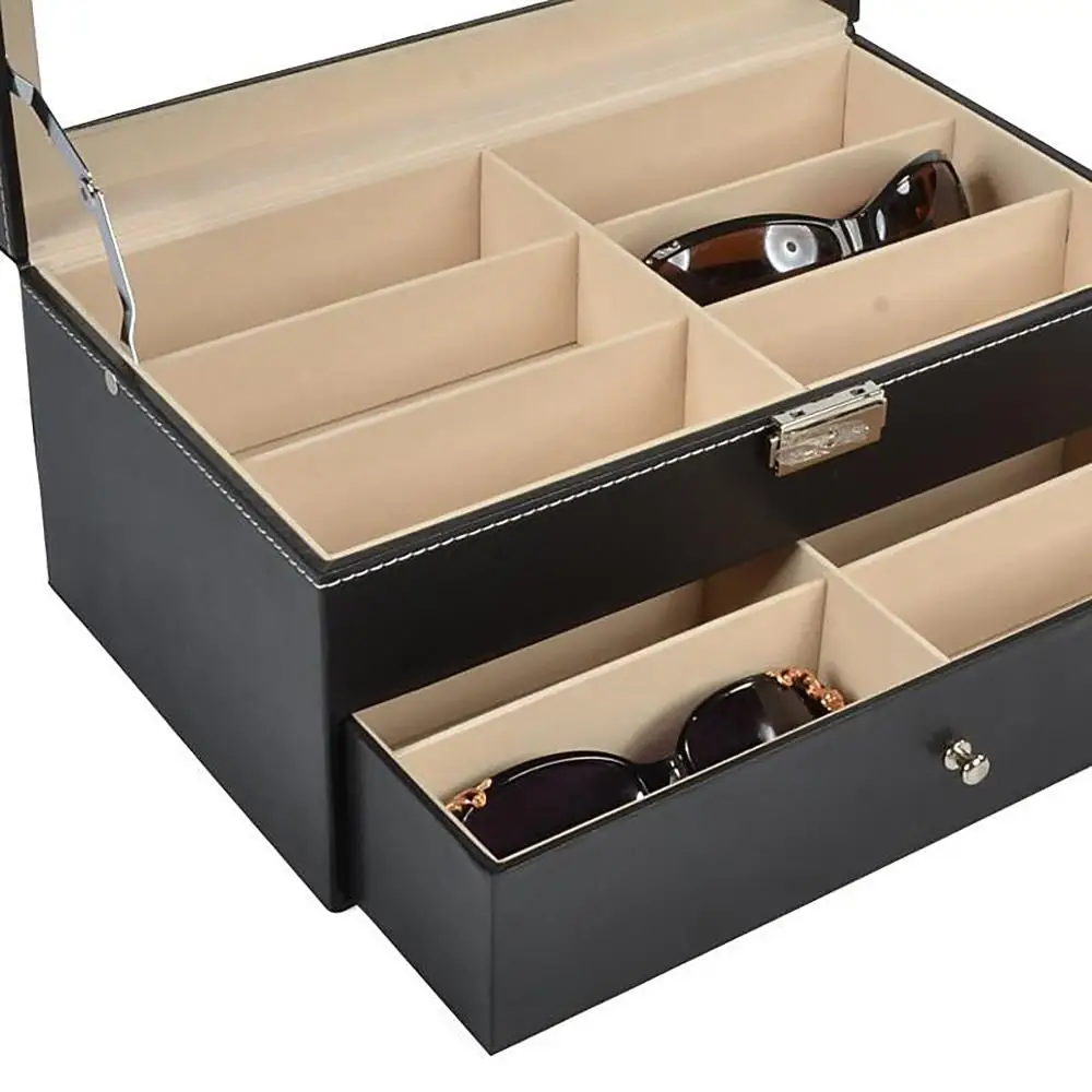 12 Grids Black Sunglass Organizer Leather Eyeglasses Collector Double-Layer Eyewear Display Case Lockable Storage Box 