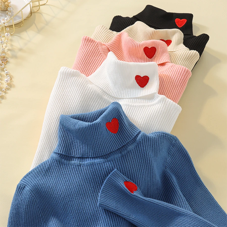 Autumn Winter Love Embroidery Pullover Sweaters Women Solid Warm Turtleneck Knitted Sweater Female Korean Long Sleeve Base Top