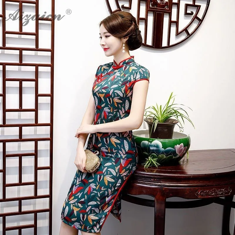 Летнее Новое аналогичное шелковое ретро платье Cheongsam длинное тонкое Повседневное платье в восточном стиле с принтом Qi Pao Китайская традиционная одежда Qipao