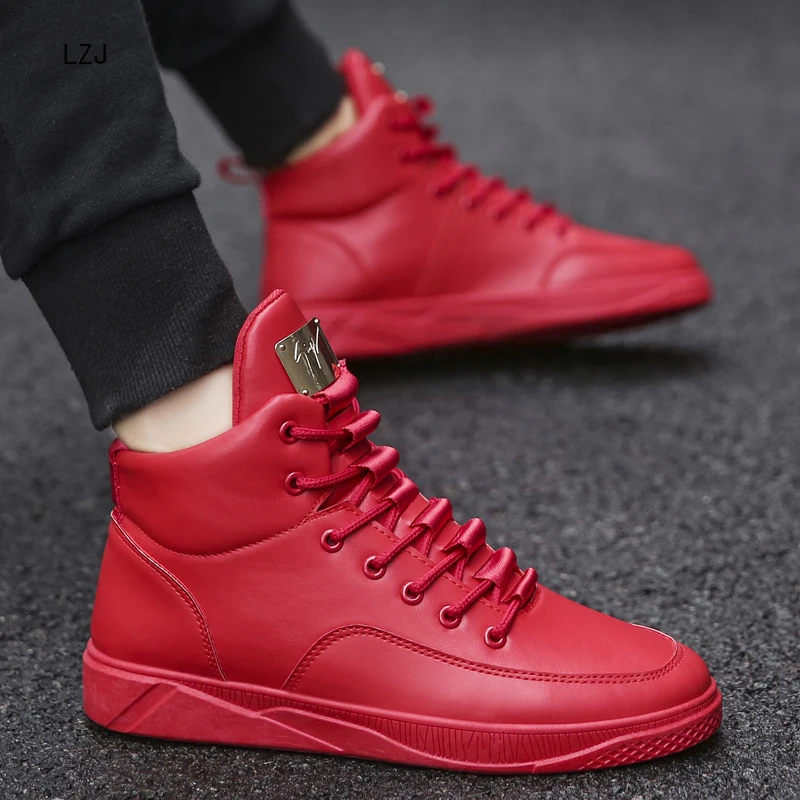 

LZJ New Men Fashion Shoes Winter Brand Casual Breathable Canvas High Top Shoes Lace Up Rubber Sole PU Leather Trainers Boots