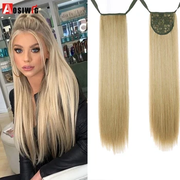 

AOSIWIG Hairpiece Pony Tails Synthetic Drawstring 22" Long Straight Black Brown Fake Ponytails Clip On Ponytail Hair Extension