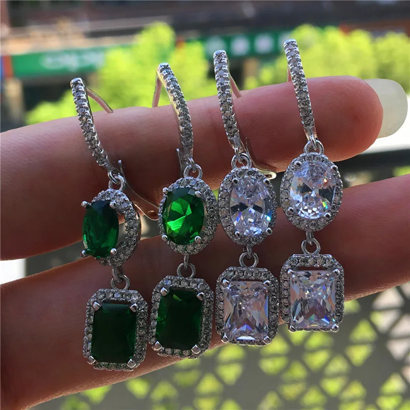 

Luxury Female Ladies Oval Square Earrings Fashion Yellow White Green Stone Drop Earrings Long Dangle Wedding Earrings For Women