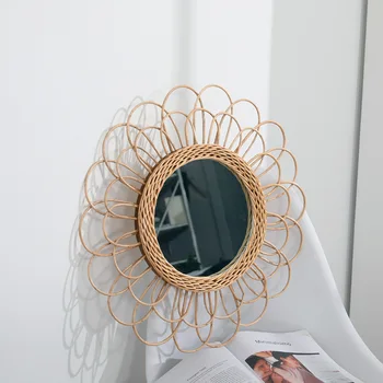 

Newly Hanging Mirror Rattan Sunflower Circular Wall Mirror Boho Wicker Dressing Makeup Mirrors Innovative Art Deco Round Mirror