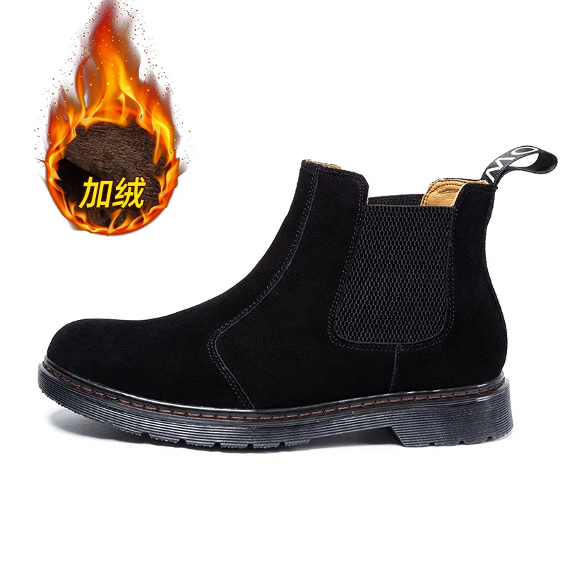 Black Plus Velvet Тренд; мужские ботинки челси из замши и кожи; мужские низкие ботинки с теплым мехом; Дизайнерские повседневные модные ботинки; мужские кожаные ботинки высокого качества - Color: Black Plus Velvet