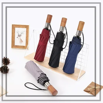 

Business fully automatic three folding windproof solid wood handle with metal men's sunny and rainy umbrella