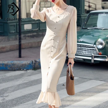 

Elegant Fashion Korean Women V Neck Splice Long Sleeve Dress Solid Ruffle Mig Long Dresses2020 Spring D01611M