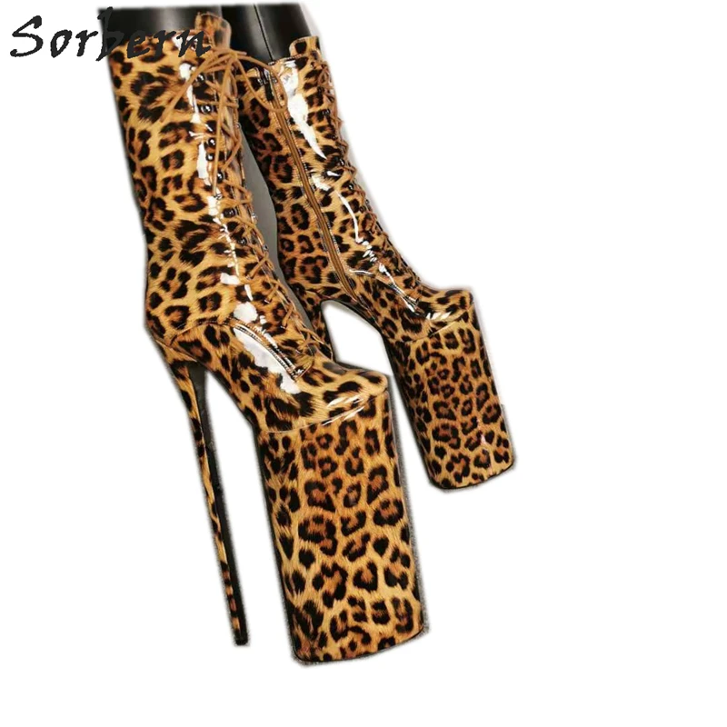 Sorbern; пикантные женские ботинки леопардовой расцветки на шпильке 30 см; Туфли на очень высоком каблуке-шпильке со шнуровкой; новые Фетиш-ботиночки на платформе