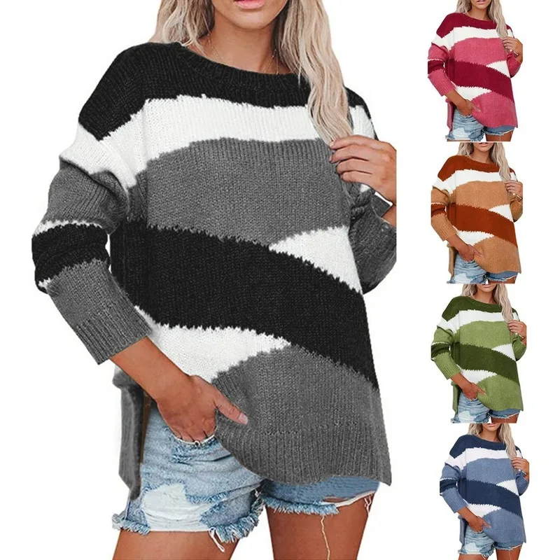 

New Autumn and Winter Women's Clothing 2020 Casual Fashion Knit Sweater Irregular Stripes Color Matching Sweater Women Pullover