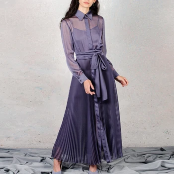 

Womens Dress Solid Long Sleeve Vintage Retro Long Maxi Pleated Dress Ladies Spring Summer Luxury High Quality Fashion Dresses