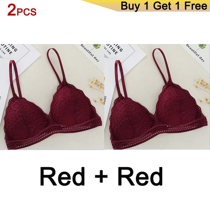 2Pcs Red Deruilady бесшовный бюстгалтер Французский стиль бюстгалтер бесшовный Глубокий V кружевной девушка лифчик Бескаркасный тонкий бюстгальтеры для женщин Мягкий женское белье топ кружево бюстгалтер - Цвет: 2Pcs Red