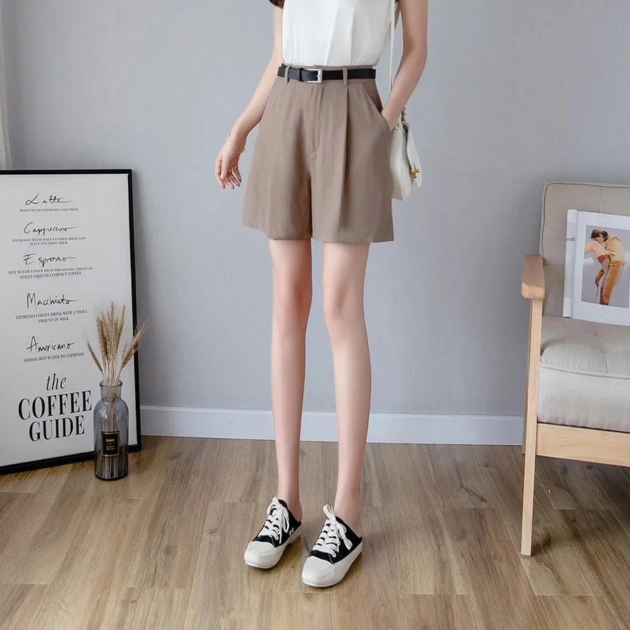 

Nice Summer Women Casual Zipper Wide Leg Shorts Elegant Pockets Shorts Loose Ladies Solid High Waist Shorts