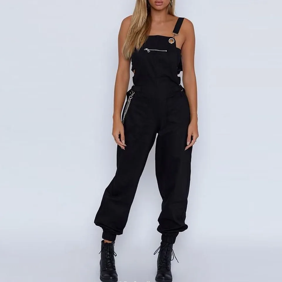 black jumpsuit with suspenders