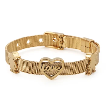 

Watch Style Adjustable Stainless Steel Gold Color Waterproof 316L Trendy Hand Accessory Love Gird Bracelet for Women