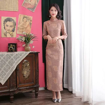 

Lady Mandarin Collar Qipao Oversize 3XL 4XL Flower Cheongsam For Female Plaid Half Sleeve Evening Party Dress Tight Sexy Vestido