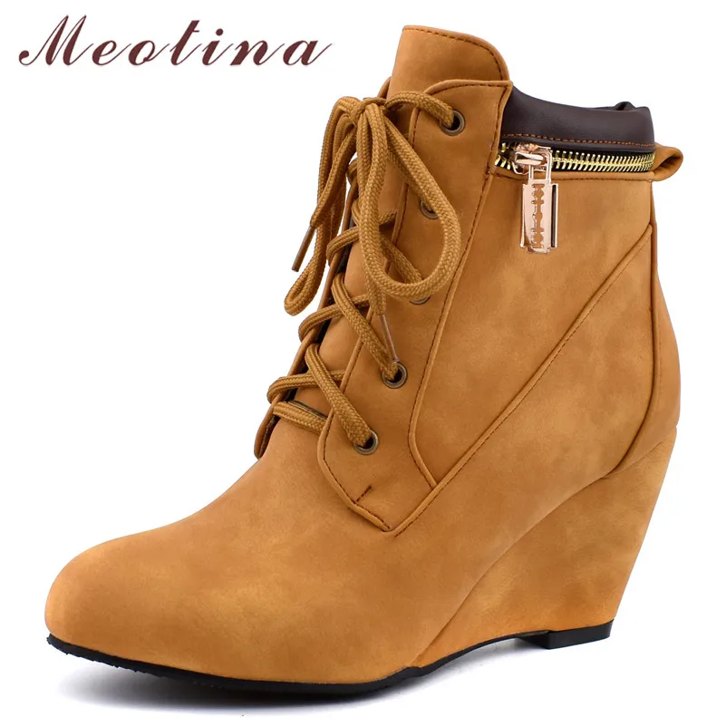 

Meotina Winter Ankle Boots Women Zipper Wedge High Heels Short Boots Lace Up Round Toe Shoes Female 2019 Autumn Large Size 34-46