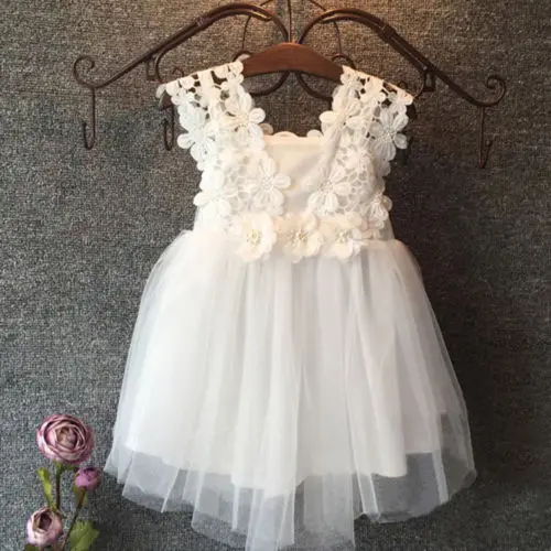 Платье принцессы с цветочным узором для девочек детские праздничные кружевные тюлевые платья - Цвет: Белый
