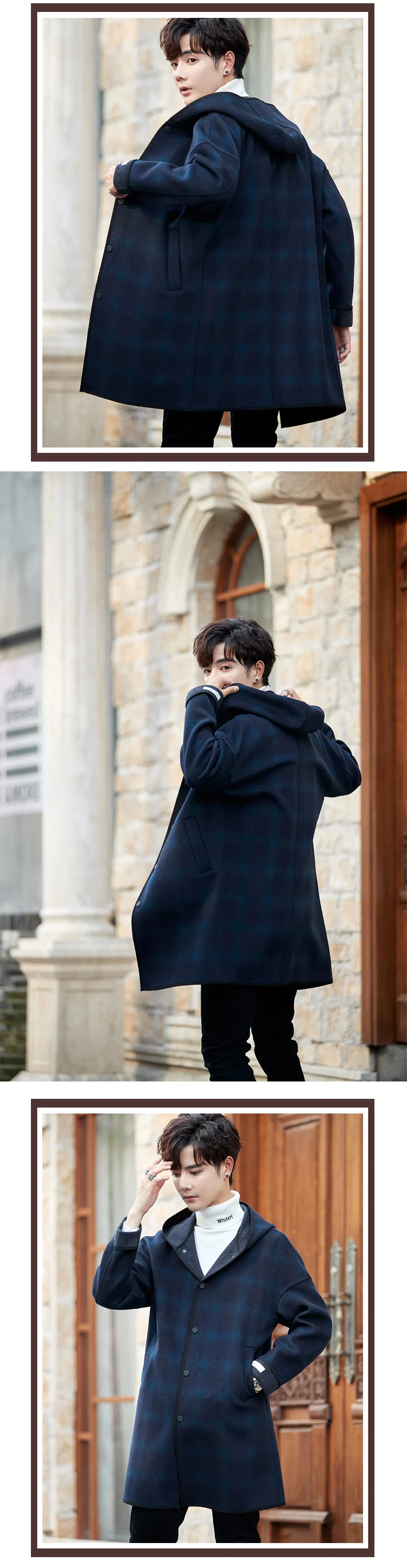 Hooded Men's Wool Coat Winter New Plaid Navy Overcoat Jacket EU Great Designer Long Coat Woolen Mans trench coat#1959