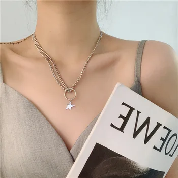 

Retro Stainless Steel Star Necklace Double Layer Chain Simple Cool Short Sweater Chain Women's Necklace Pendant Ornament
