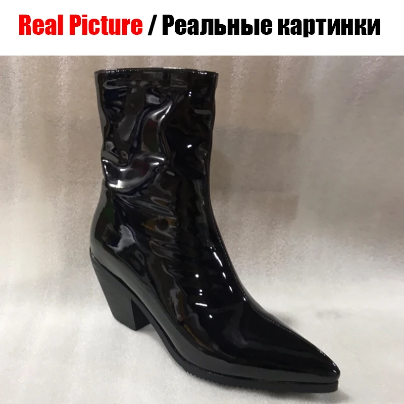 SARAIRIS/Новинка, черные лакированные ботинки из искусственной кожи размера плюс 31-46, женские модные ботильоны «Челси», женская обувь на высоком каблуке