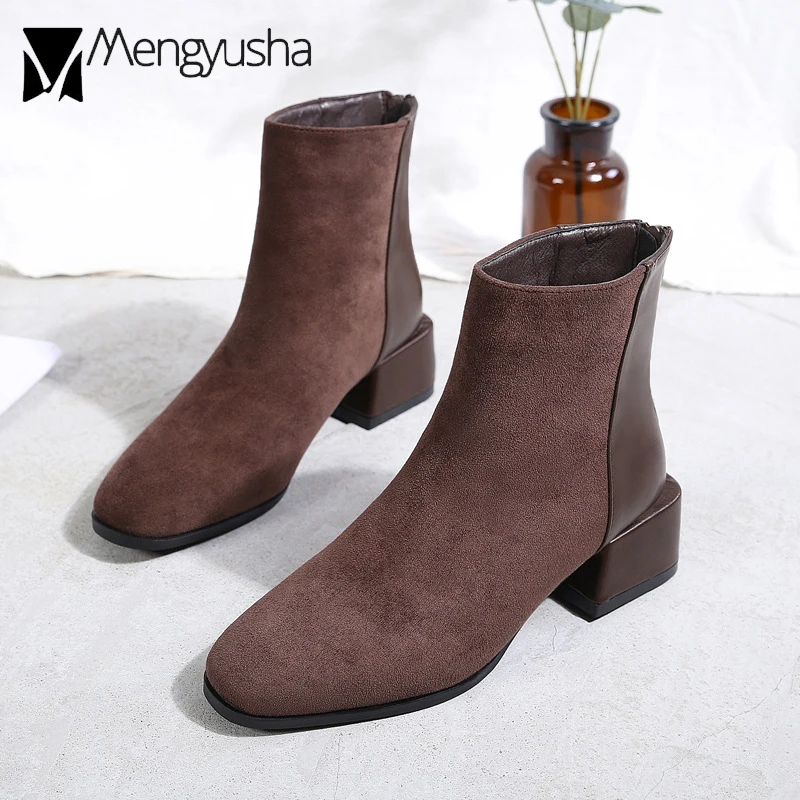 

Plush Winter Boots Women Suede Leather Martin Botas Short Ankle Booties Femme Low Square Heel Motocycle Boots Woman Snow Shoes