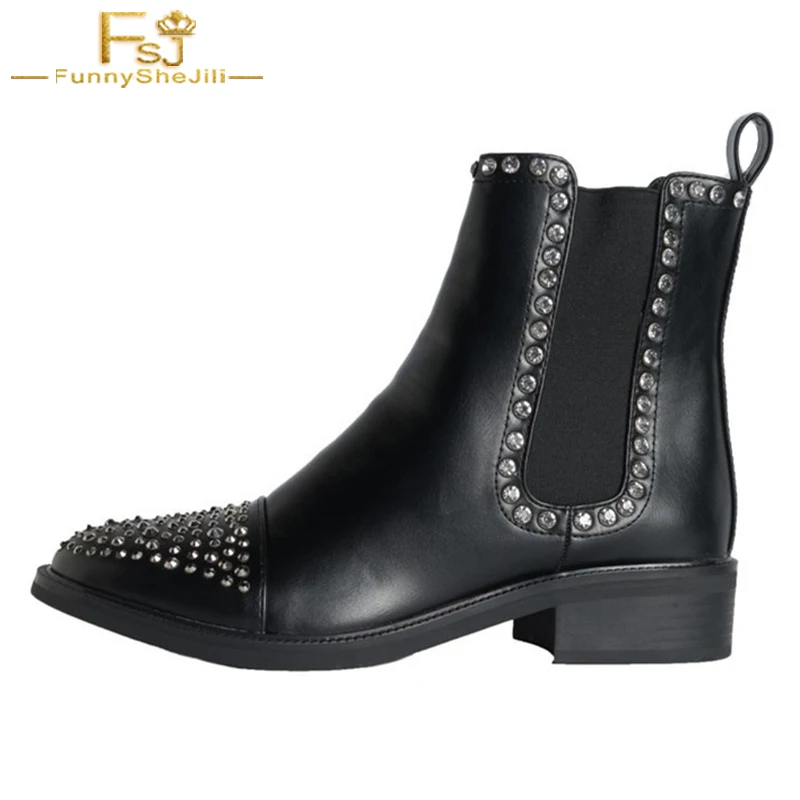 

Rhinestone Rivet Elastic Ankle Boots 3 cm Low Heel Round Toe Shoes Women Booties Chelsea Motorcycle Handmade Autumn Winter FSJ