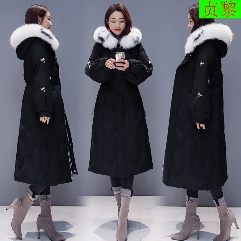

2018 Winter New Style WOMEN'S Dress Korean-style Thick over-the-Knee Exta-long Waist Hugging Large Fur Collar down Jacket Cotton