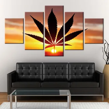 

Canvas Painting Wall Art Framework HD Prints 5 Pieces Sunset Weeds Picture Leaf Poster for Home Decor