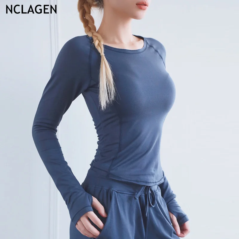NCLAGEN, женская рубашка для йоги, воланы, длинные рукава, Осень-зима, спортивная одежда, эластичный, для тренировок, бодибилдинга, бега, дышащий Топ