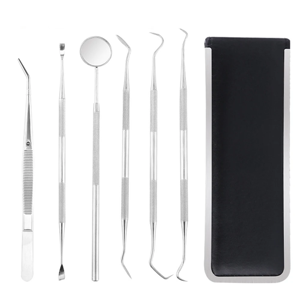 

6pc/set Dental Kit Mirror Stainless Steel Dental Dentist Prepared Tool Set Probe Tooth Care Instrument Tweezer Hoe Sickle Scaler