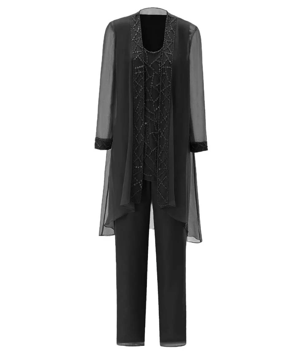 SOLOVEDRESS Женский шифон с бисером Мода 3 шт. мать невесты платье брюки костюмы с длинным рукавом наряд JacketSL-M17
