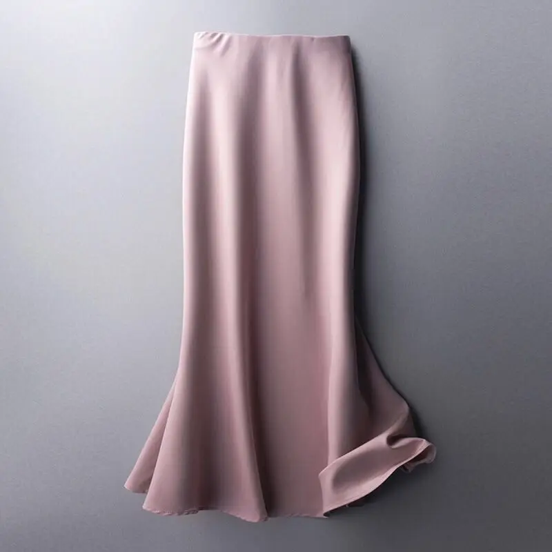 Summer Silk Midi Skirts Womens Korean England Style Satin Office Lady Simple Solid Elegant Faldas Mujer Moda Long Skirts Womens