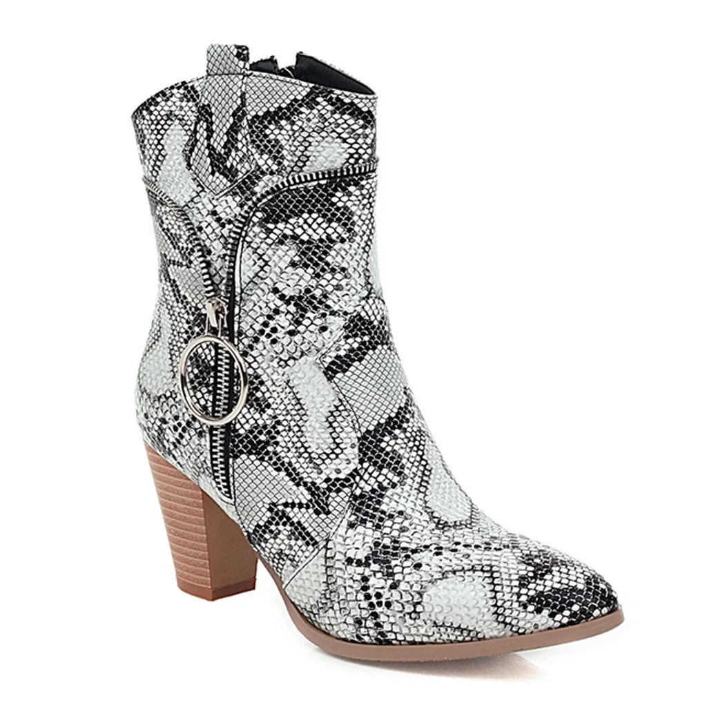 Женские осенне-зимние ботинки; Модные ботильоны на квадратном каблуке; Змеиный узор; женские полусапожки на молнии; botas mujer
