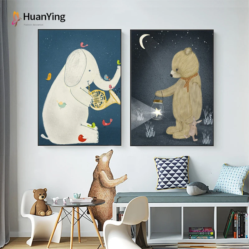 

Cartoon Canvas Painting Elephant Bear Fairytale Poster and Print Wall Art Pictures for Living Room Kids Children Room Home Decor